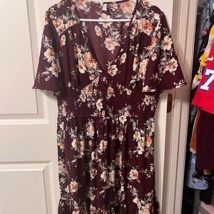 Brand New Burgundy Dress with floral print and cinch waist detailing